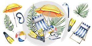 Beach chair with umbrella, beach ball, snorkel mask, fins and tropical leaves. Set of summer, bright watercolor