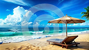 beach chair and umbrella with beautiful sea and blue sky. generative AI illustration