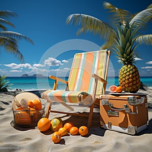 beach chair with umbrella,palm tree,lifebuoy,seaside,pineapple, sunglasses,suitcase summer travel concept