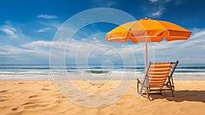 Beach chair and umbrella on the sandy beach with blue sky background.