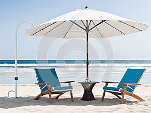 Beach chair and umbrella in summer sunny day