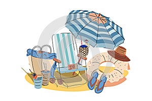 Beach chair under umbrella on the sand scene, flat cartoon vector illustration