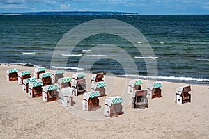 Beach chairs at the Baltic Sea . Pier of Sellin at Ruegen Island, Germany