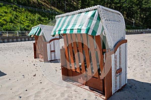 Beach chairs at the Baltic Sea . Pier of Sellin at Ruegen Island, Germany