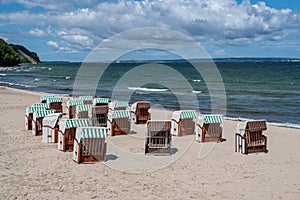 Beach chairs at the Baltic Sea . Pier of Sellin at Ruegen Island, Germany