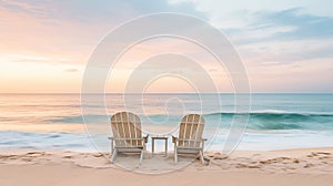 Beach chairs on the beach at sunrise. Light seaside background in neutral pastel colors. Generative AI