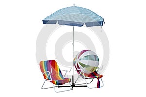 Beach Chairs with Colorful Towels, Beach Ball, Blue White Striped Pattern Umbrella Isolated on White Background with Clipping Path