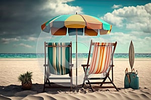 Beach chairs and colorful umbrella on the sandy beach under blue sky with clouds