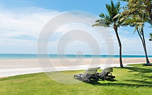 Beach chairs on green lawns