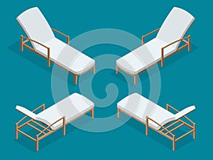 Beach chairs isolated on blue background. Wooden beach chaise longue Flat 3d isometric vector illustration.