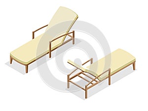 Beach chairs isolated on blue background. Wooden beach chaise longue Flat 3d isometric vector illustration.