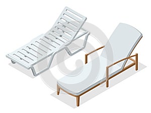 Beach chairs isolated on white background. Wooden beach chaise longue Flat 3d isometric vector illustration.