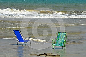 Beach Chairs Ocean Water Sand Peaceful