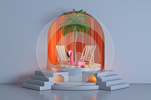 Beach Chairs, Palm Tree, Rubber Flamingo and Sand on the Blue Realistic Cylinder Promotion Stand Podium with Arch Window in Studio