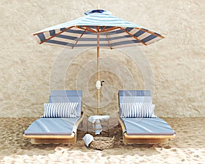 Beach chairs on the sand with white and blue umbrella on beige stone wall and decor. 3d rendering. High quality 3d