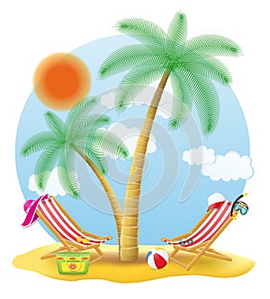 Beach chairs stand under a palm tree vector illustration