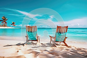 Beach chairs on tropical beach at Maldives. Vacation concept, Beautiful beach. Chairs on the sandy beach near the sea. Summer