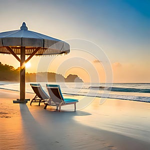 Beach chairs with umbrella and beautiful sand beach, tropical beach with white sand and turquoise wate