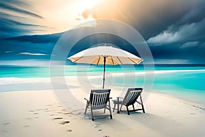 Beach chairs with umbrella and beautiful sand beach, tropical beach with white sand and turquoise wate