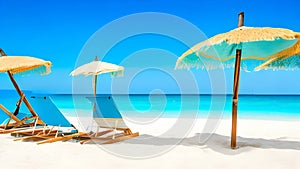 Beach chairs with umbrella and beautiful sand beach, tropical beach with white sand and turquoise wate