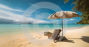 Beach chairs with umbrella and beautiful sand beach, tropical beach with white sand and turquoise water. Travel summer holiday