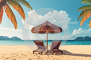 Beach chairs, umbrella and palms on the beach.