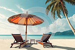 Beach chairs, umbrella and palms on the beach.