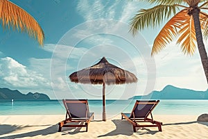 Beach chairs, umbrella and palms on the beach.