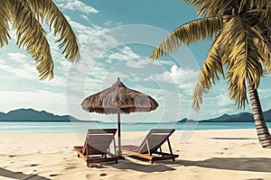 Beach chairs, umbrella and palms on the beach.