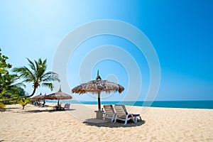 Beach chairs, umbrella and palms on sandy beach near sea. island in Phuket