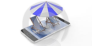 Beach chairs and umbrella on a smartphone isolated on white background. 3d illustration