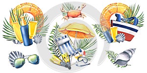 Beach chairs, umbrella, sun creams, swimming equipment and beach accessories with tropical leaves. Watercolor