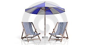 Beach chairs and umbrella on white background. 3d illustration