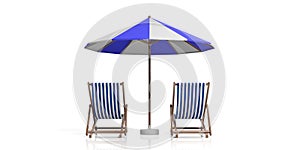 Beach chairs and umbrella on white background. 3d illustration