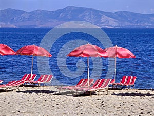 Beach chairs and umbrellas