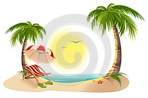 Beach chaise longue under palm tree. Beach umbrella. Summer vacation in tropics photo