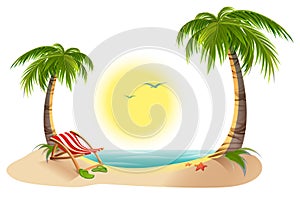 Beach chaise longue under palm tree. Summer vacation in tropics