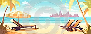 Beach with chaise lounges and palm trees illustration. Generative AI