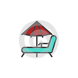 Beach chaise lounges and umbrella filled outline icon