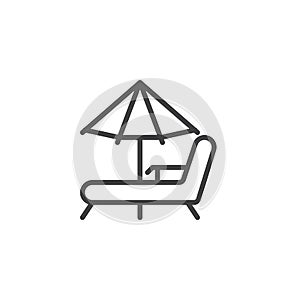 Beach chaise lounges and umbrella line icon