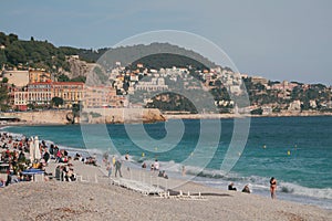 Beach in city on coast of sea gulf. Nice, France