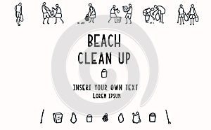 Beach Clean Up Flyer with Stick Figures Trash Collecting. Concept of Save the Planet. Icon Motif for Environmental Earth Day