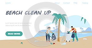 Beach clean up volunteering event concept of webpage flat vector illustration.