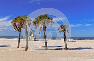 Beach at Clearwater Beach in Florida with palm trees and a lifeguard hut