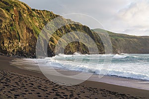 beach and cliff at dusk. Mosteiros Beach on Sao Miguel Island, Azores, Portugal