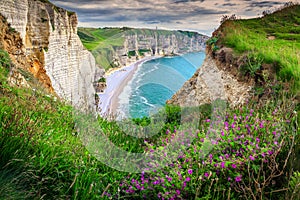 Beach and cliffs of Etretat with colorful spring flowers, France photo