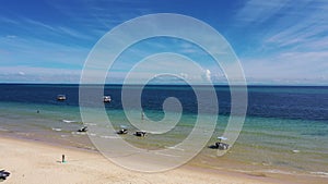 Beach with clouds and boats tied up