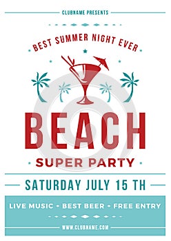 Beach club summer party poster cocktail alcohol beverage template vintage blue red design vector