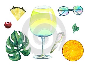 Beach cocktail, monstera leaf, plumeria flower, sunglasses, orange and pineapple slices. Watercolor illustration hand