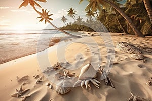 A beach with coconut palms, coconut leaves, starfish, shells, and sand. Generative AI
